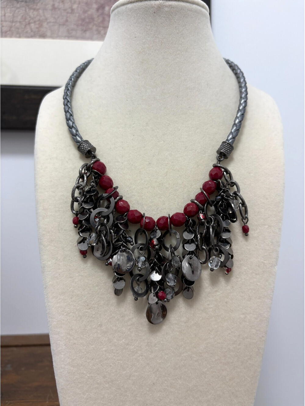 Chico's Grey Leather Braided Choker Bib Necklace Gunmetal Dangles